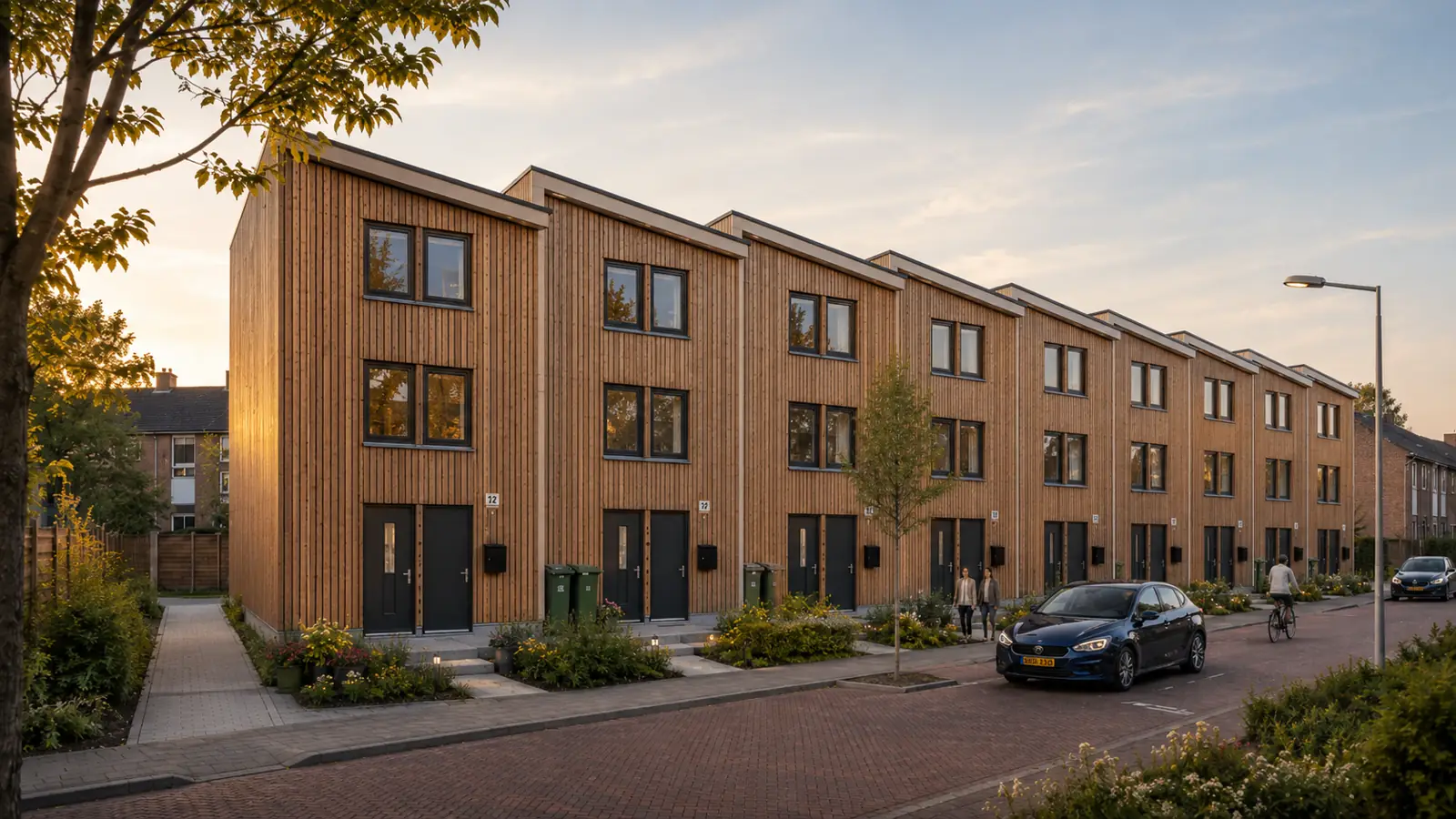 Rij Lignus-woningen in hout bij zonsondergang