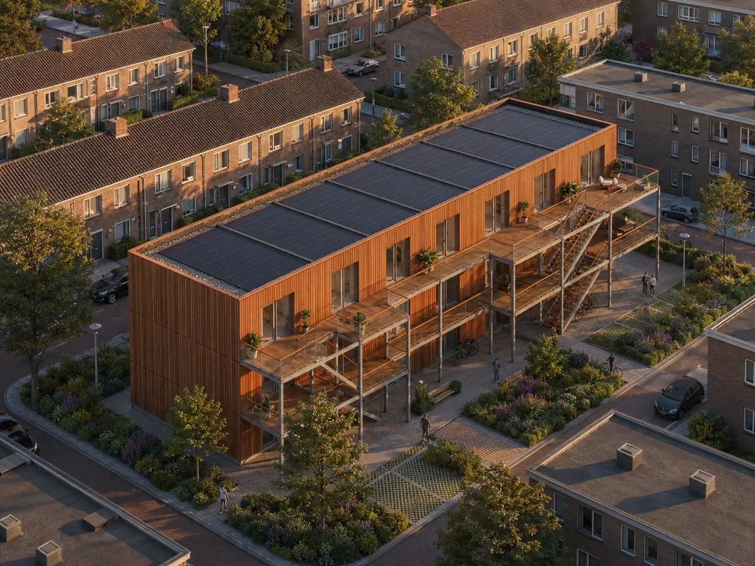 Impressie van een Lignus-appartementengebouw met galerij en zonnepanelen