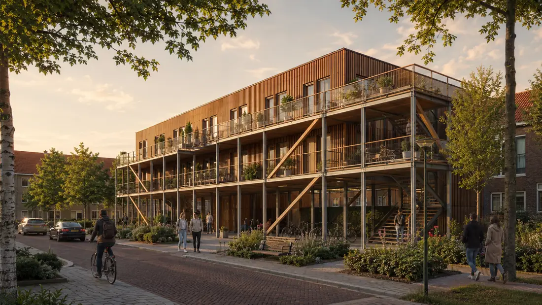 Impressie van een Lignus-appartementengebouw in een bestaande wijk